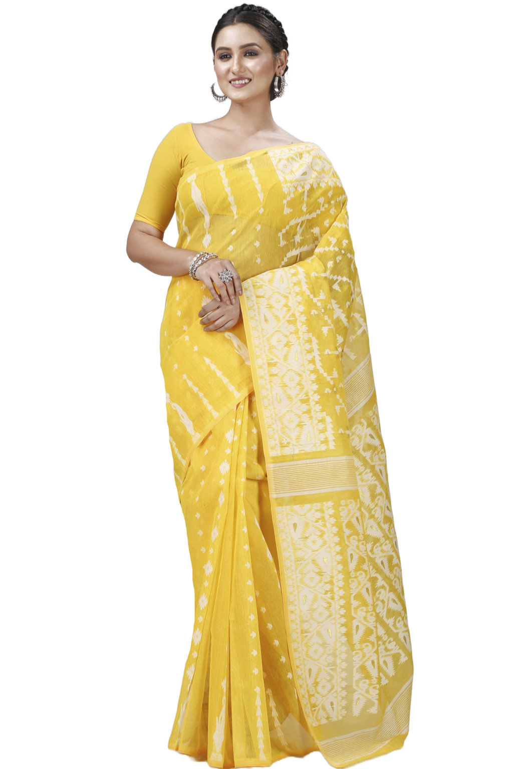 Yellow Blended Cotton Jaya Jamdani Saree (1103)